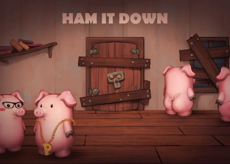 Ham it Down · the title screen, four piggies in a wooden room with a barricaded door