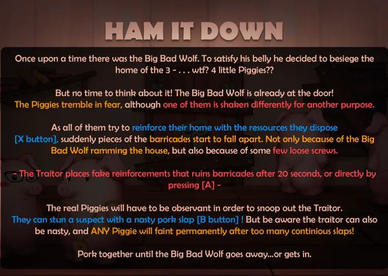 Ham it Down · the in-game rules screen, the whole premise written out over the piggies