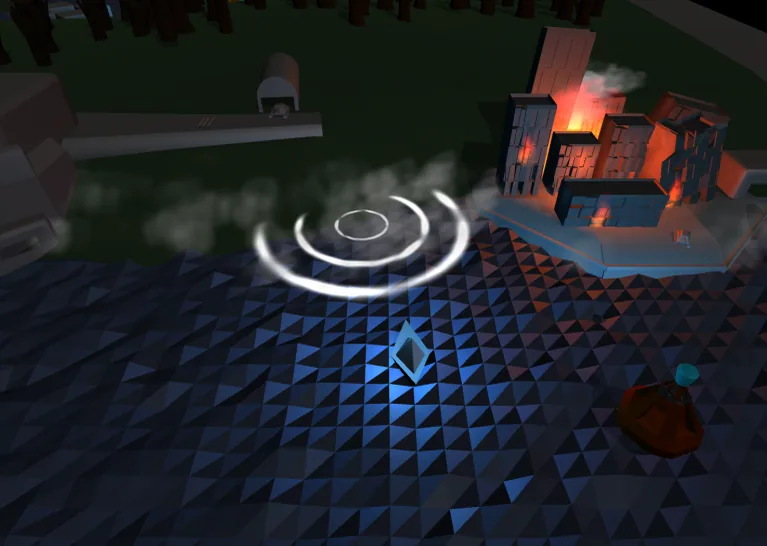 Little Boat · a low-poly river at night, ripple rings spreading from the paper boat, a burning town on the bank