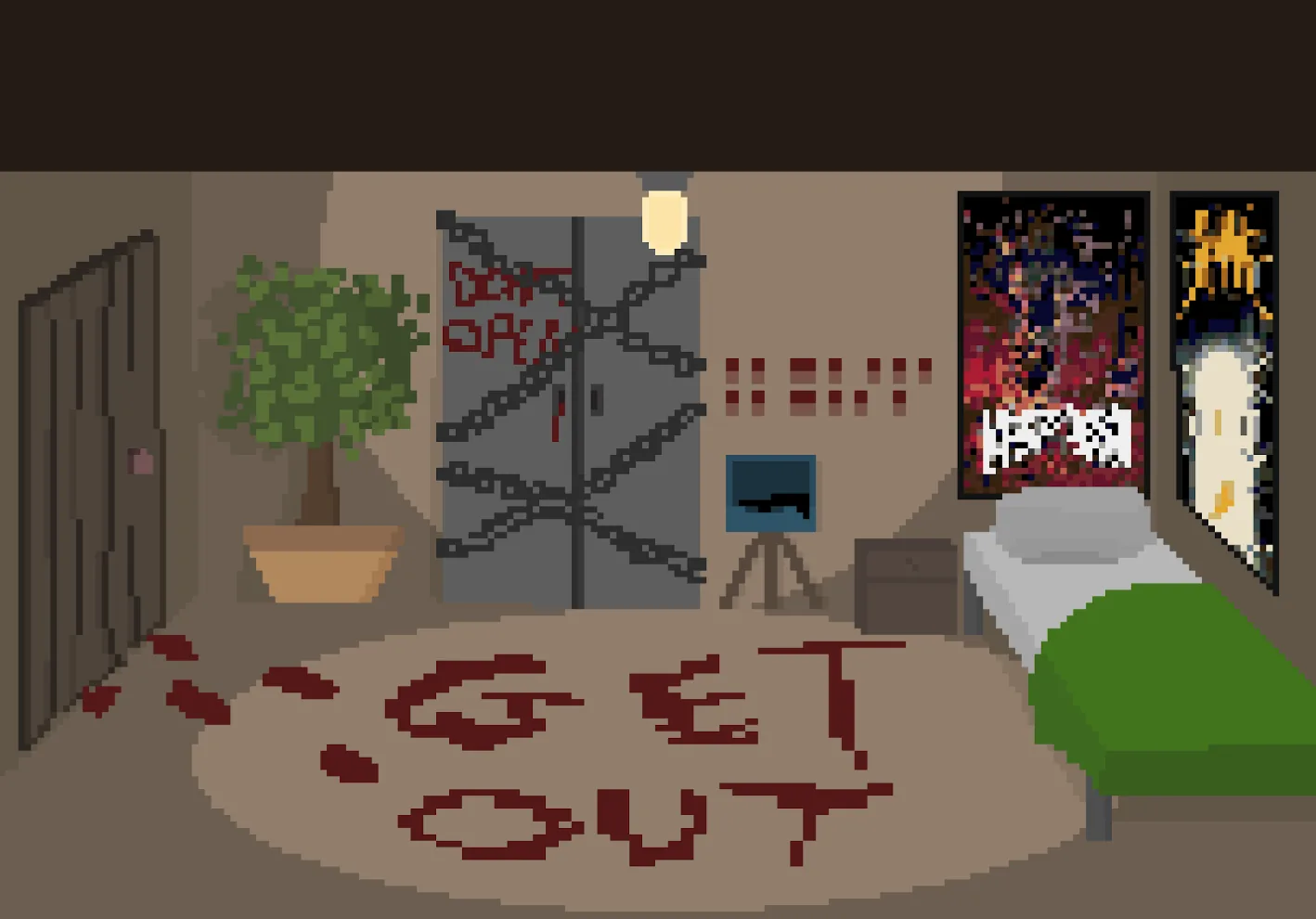 New Dawn · a bedroom with a chained door and GET OUT written across the rug