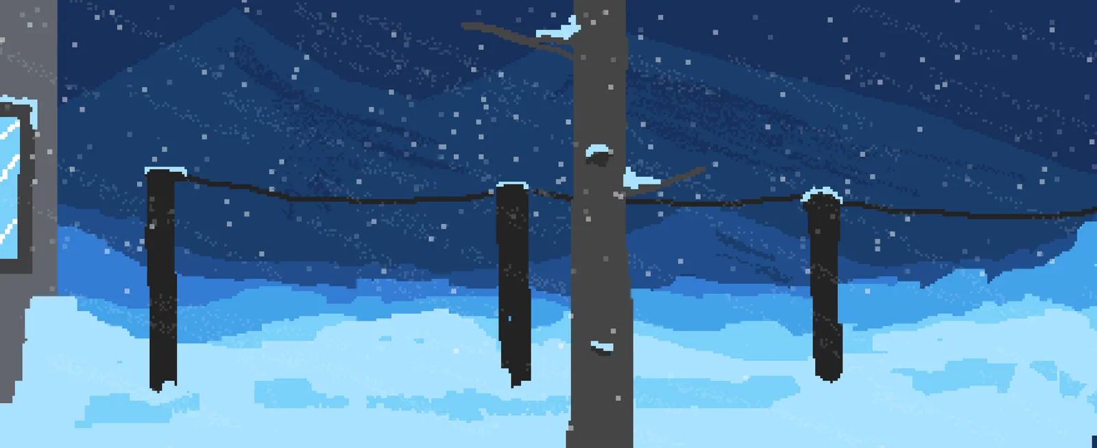 New Dawn · telegraph poles and a bare tree along a snowed-in road