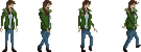 New Dawn · the four frame walk cycle of the character in a green parka