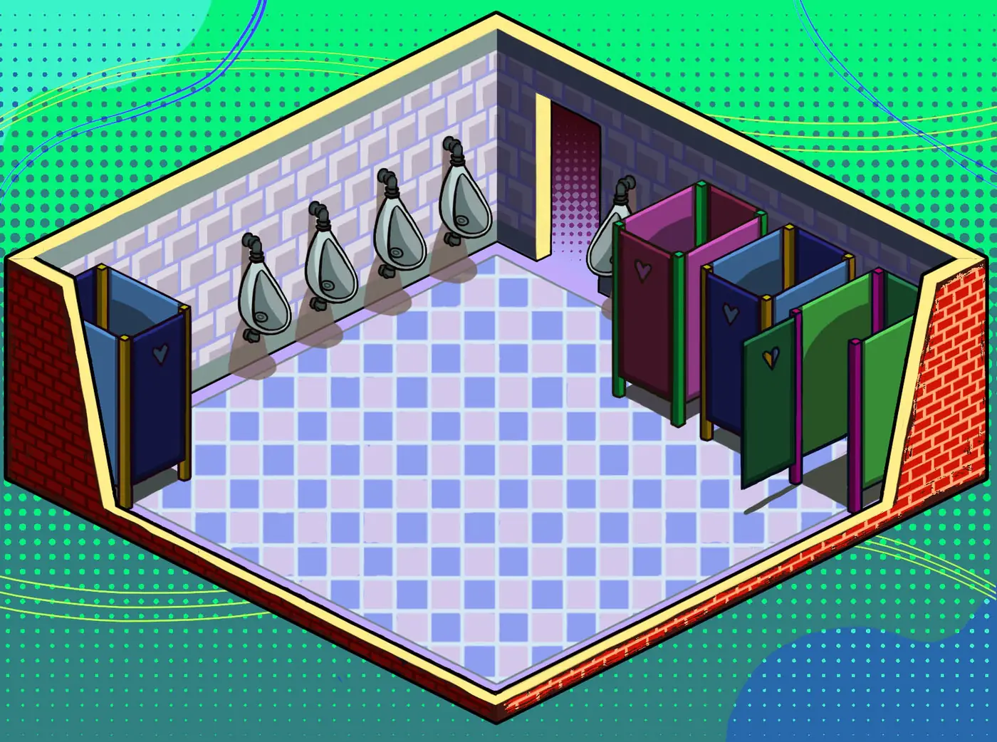 Public Toilet Simulator · an isometric restroom with urinals and coloured cubicle doors on a green halftone ground